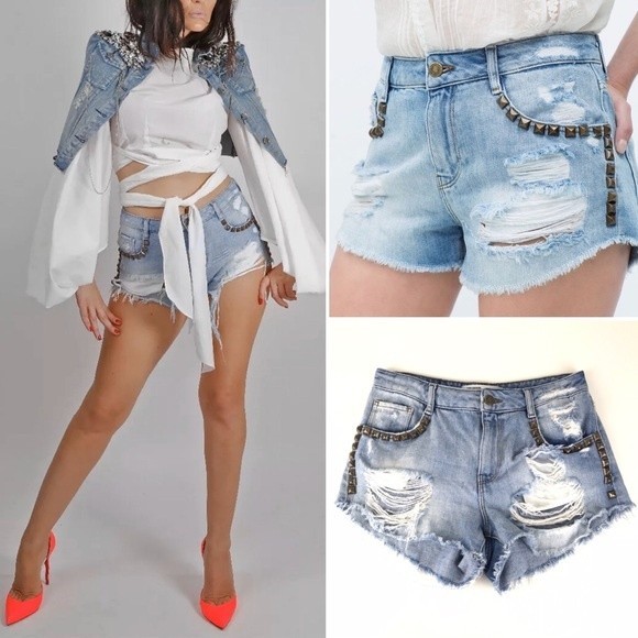 Zara trf Y2K ripped denim studded distressed light wash  jean cut off shorts 2 - Picture 2 of 8